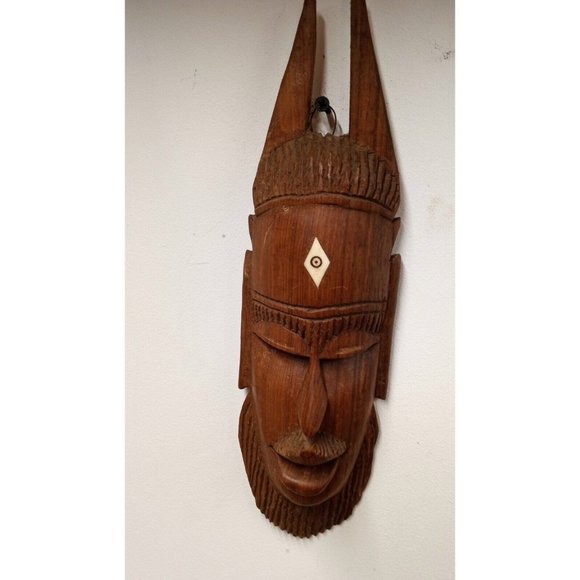 Fantastic Carved Wooden Tribal Mask. Ivory (?) Accent Home Decor - Picture 1 of 9